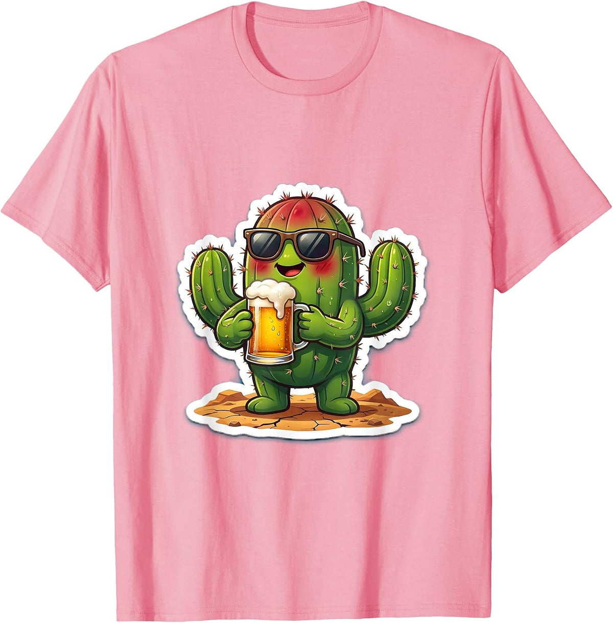 Men's Sunburned Cactus Frosty Beer Desert Graphic T-Shirt - Pink