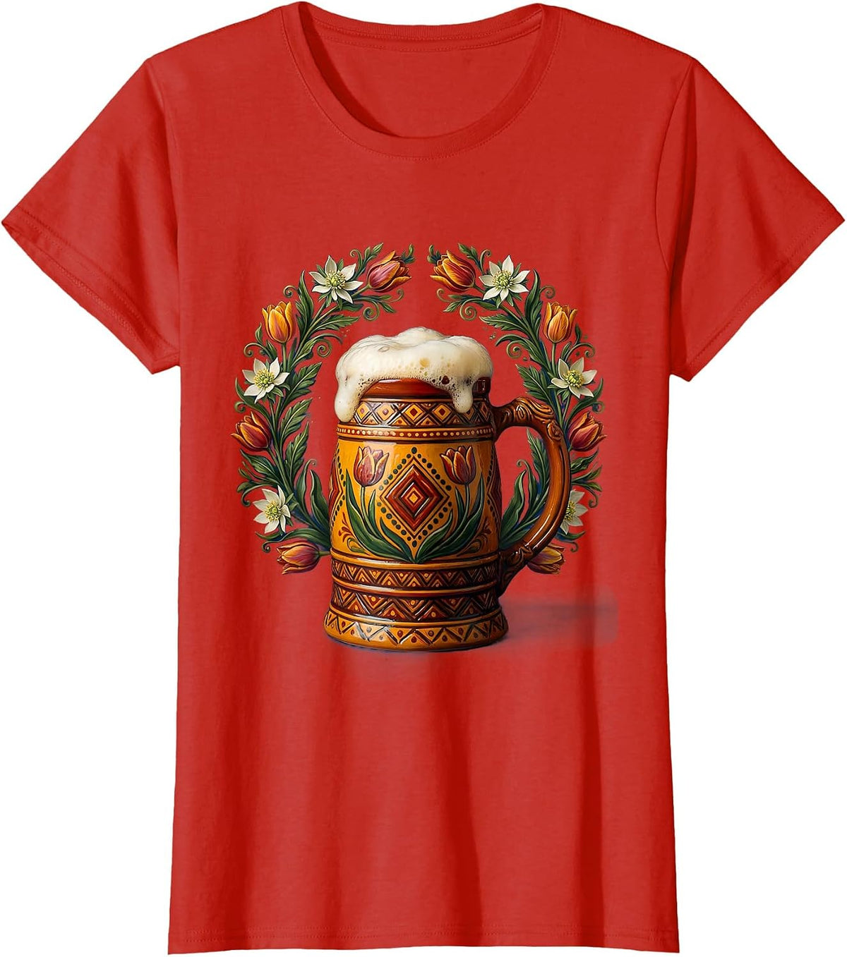 Women's Oktoberfest Beer Mug Floral Wreath Illustration T-Shirt - Red