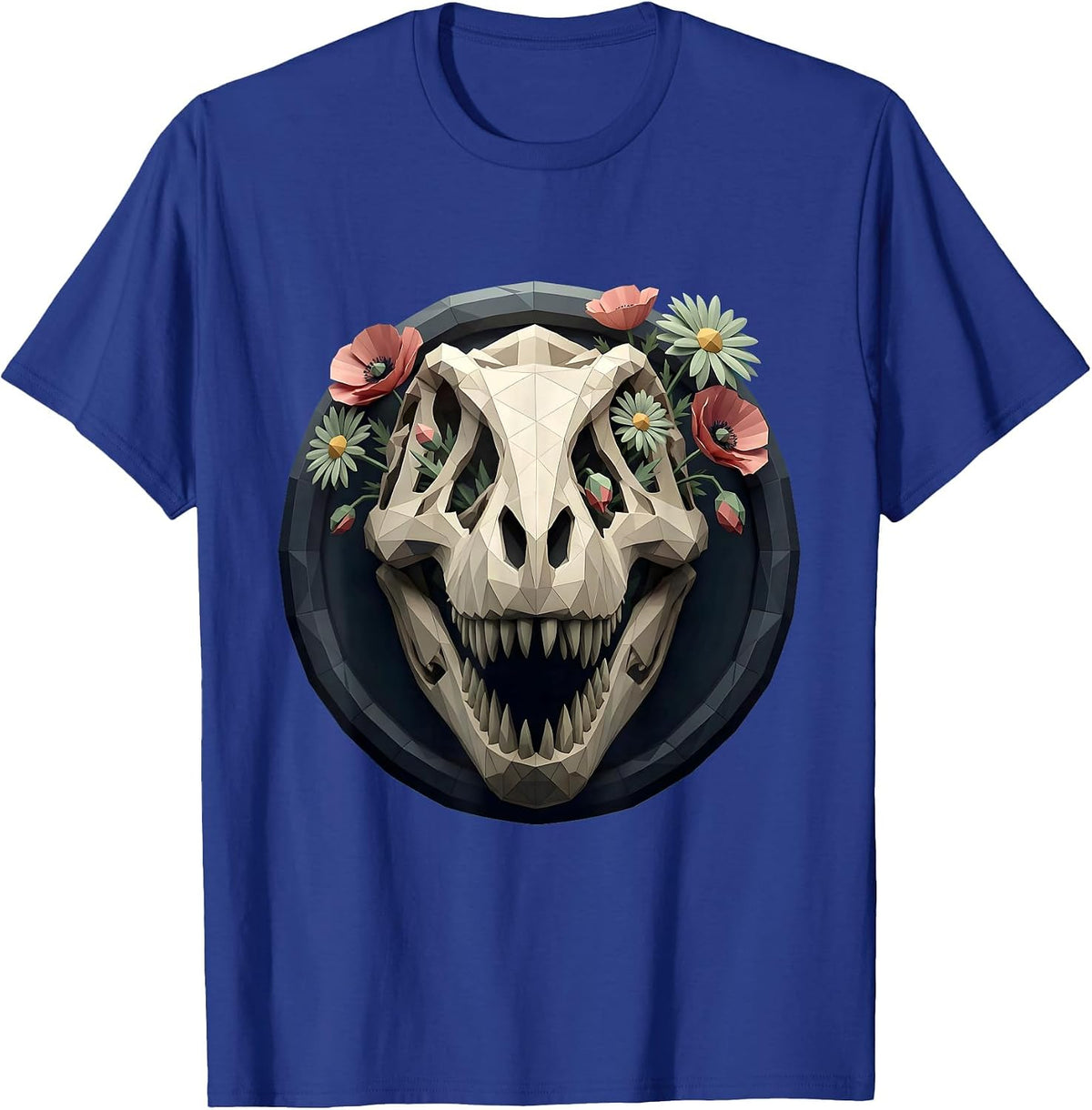 T-Rex Skull Floral Dinosaur Gothic Art Design T-Shirt - Royal Blue