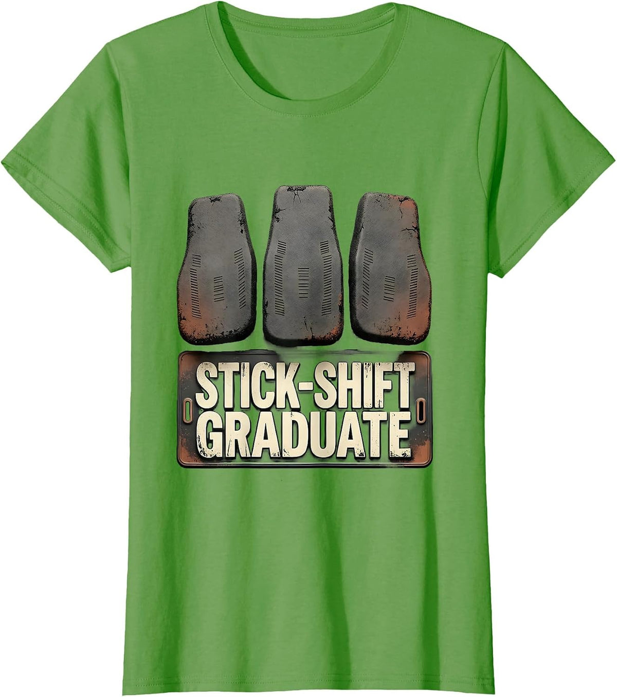 Women's Stick-Shift Graduate Distressed Manual Transmission Car Guy T-Shirt - Grass Green
