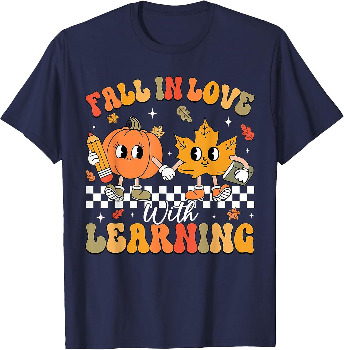 Retro Fall in Love with Learning Autumn Pumpkin Teacher T-Shirt - Navy Blue