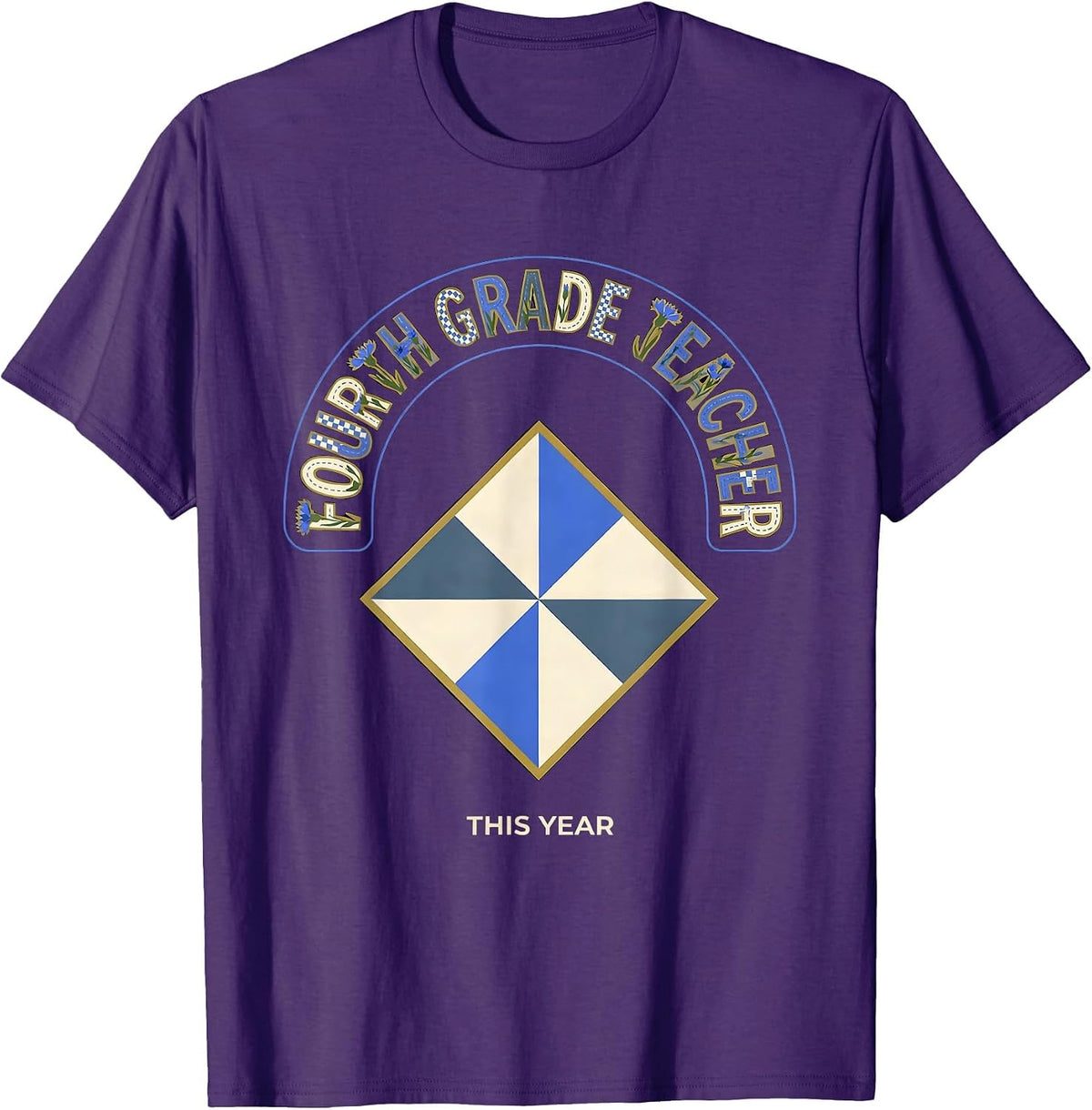 Men's Fourth Grade Teacher This Year Quilt Patchwork Back T-Shirt - Purple