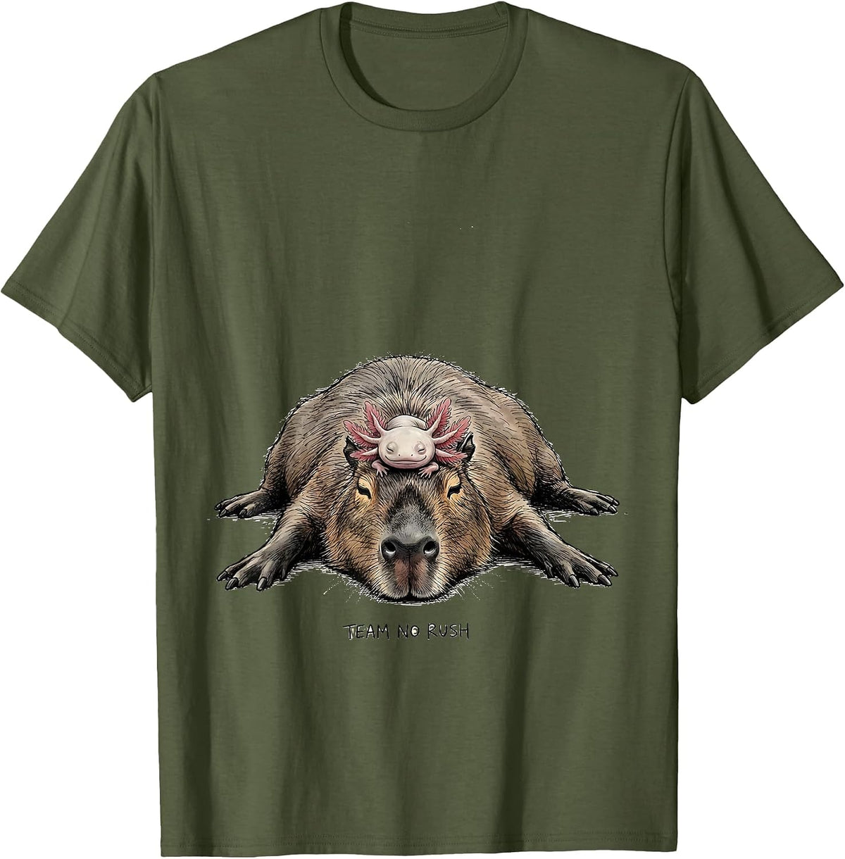 Men's Team No Rush Cute Kawaii Capybara Axolotl Animal Lover Kids T-Shirt - Olive Green