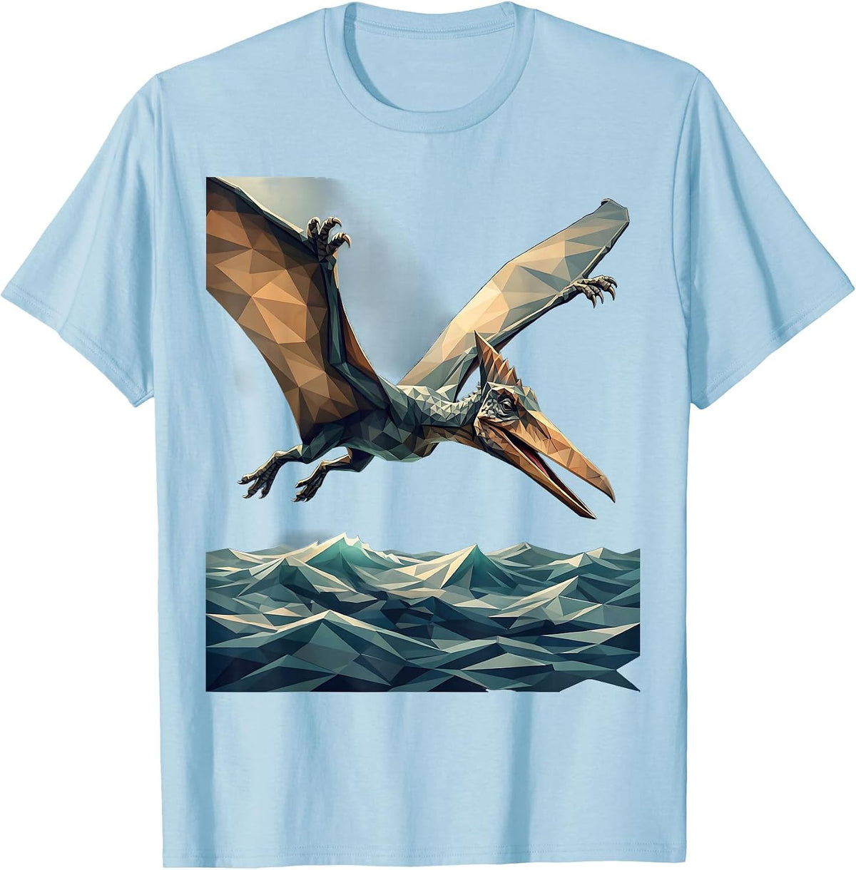 Pterodactyl Swooping Over Ocean Waves Dinosaur T-Shirt - Baby Blue