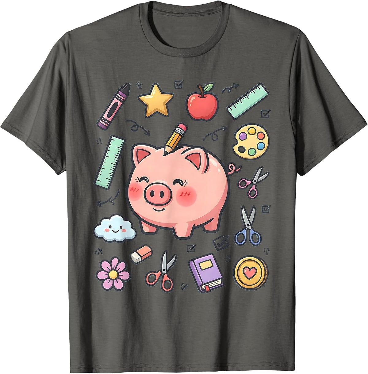 Men's Preschool Teacher Piggy Bank Pencil Graphic T-Shirt - Asphalt Grey