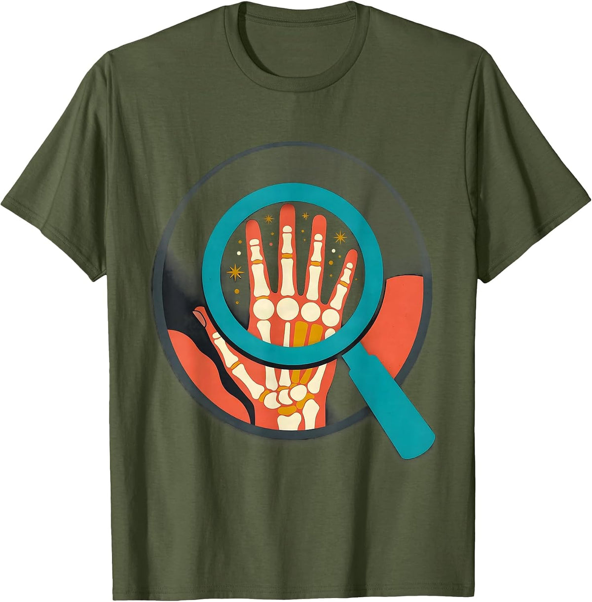 Occupational Therapy Hand Anatomy Magnifying Glass T-Shirt - Olive Green