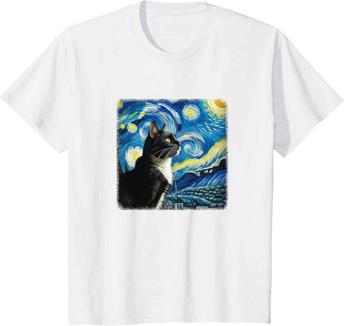 Tuxedo Cat Starry Night - Van Gogh Style - T-Shirt - White
