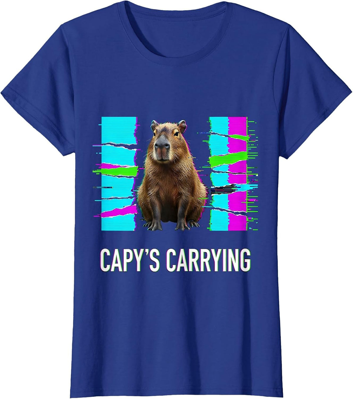 Women's capy's carrying Glitch Datamosh Funny Capybara Meme Animal T-Shirt - Royal Blue