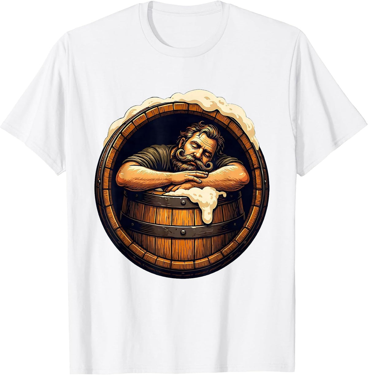 Men's Mustachioed Napping in Beer Barrel Illustration T-Shirt - White