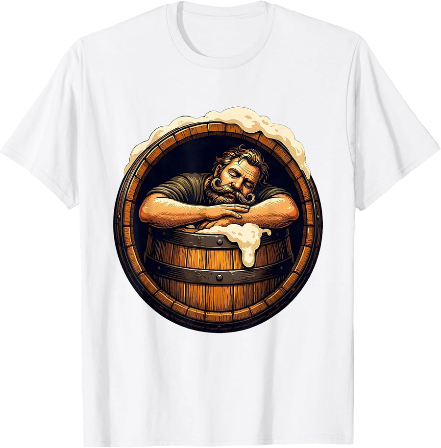 Men's Mustachioed Napping in Beer Barrel Illustration T-Shirt - White