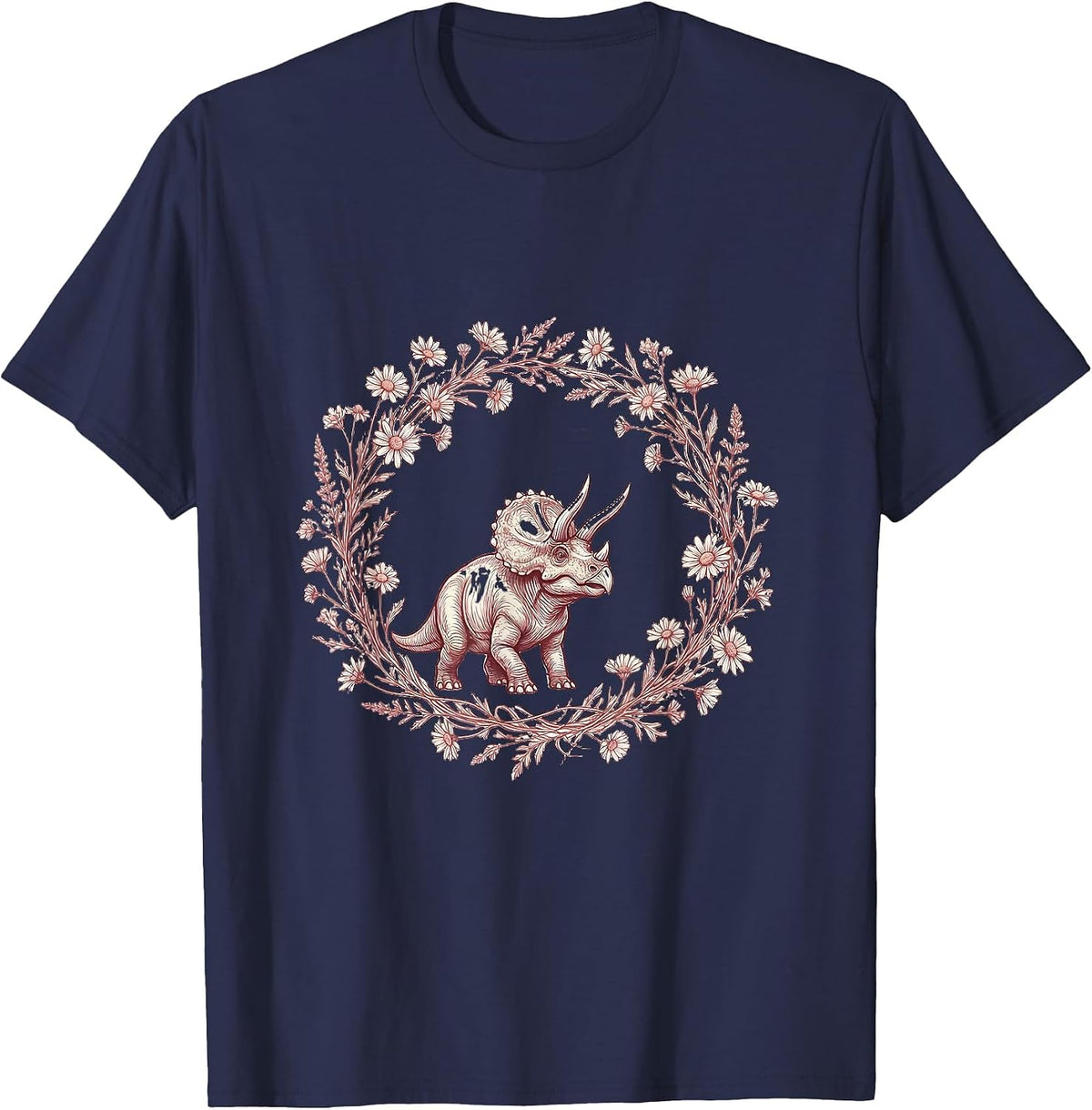 Baby Triceratops Flower Crown Dinosaur Illustration T-Shirt - Navy Blue