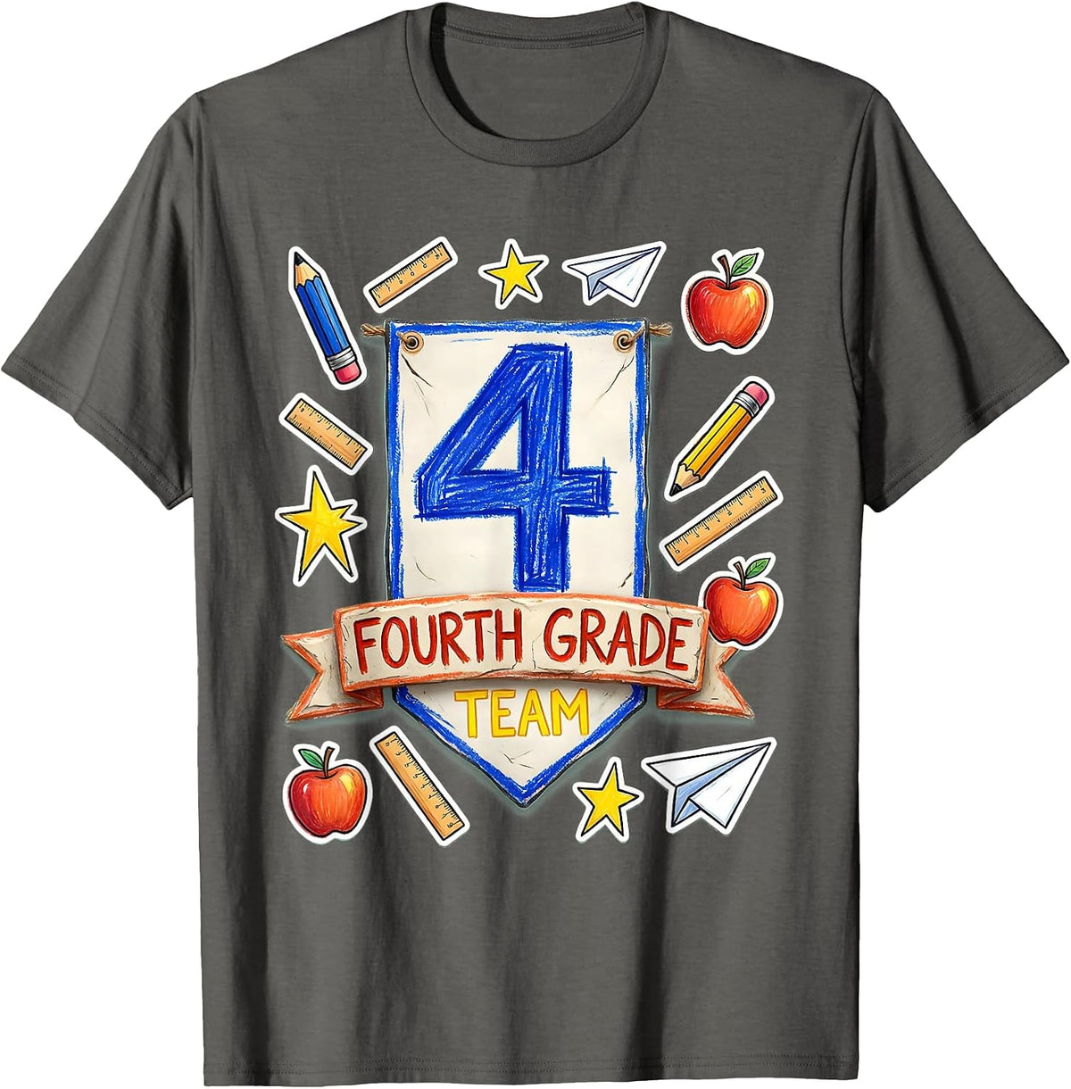 Fourth Grade Team Naive Kidcore Teacher Back to School T-Shirt - Asphalt Grey