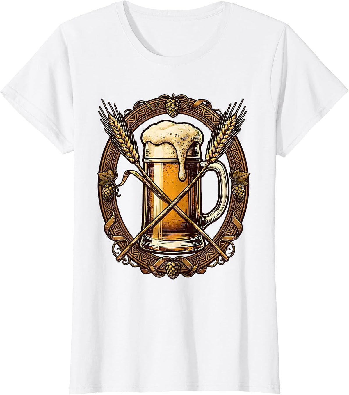 Women's Vintage Oktoberfest Beer Label Ornate Border Design T-Shirt - White