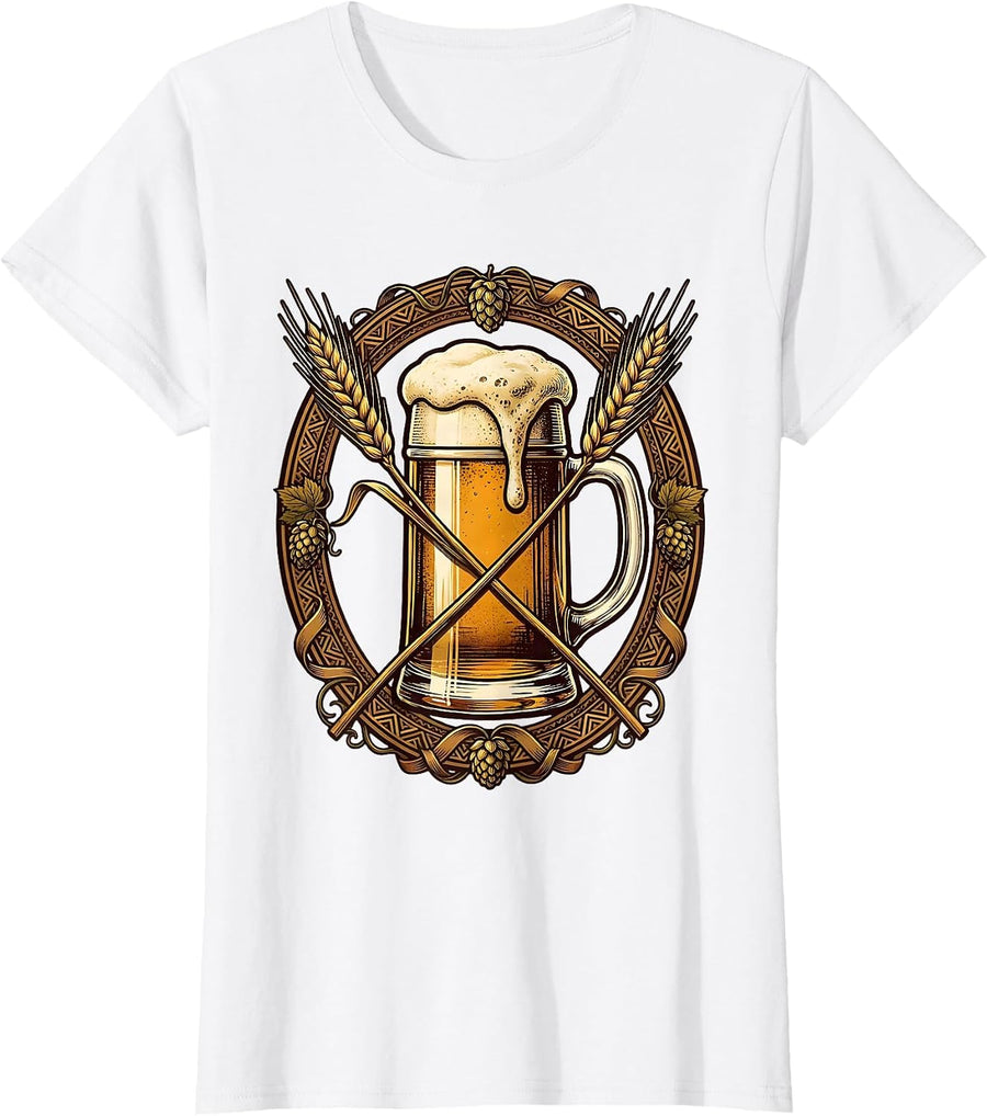 Women's Vintage Oktoberfest Beer Label Ornate Border Design T-Shirt - White