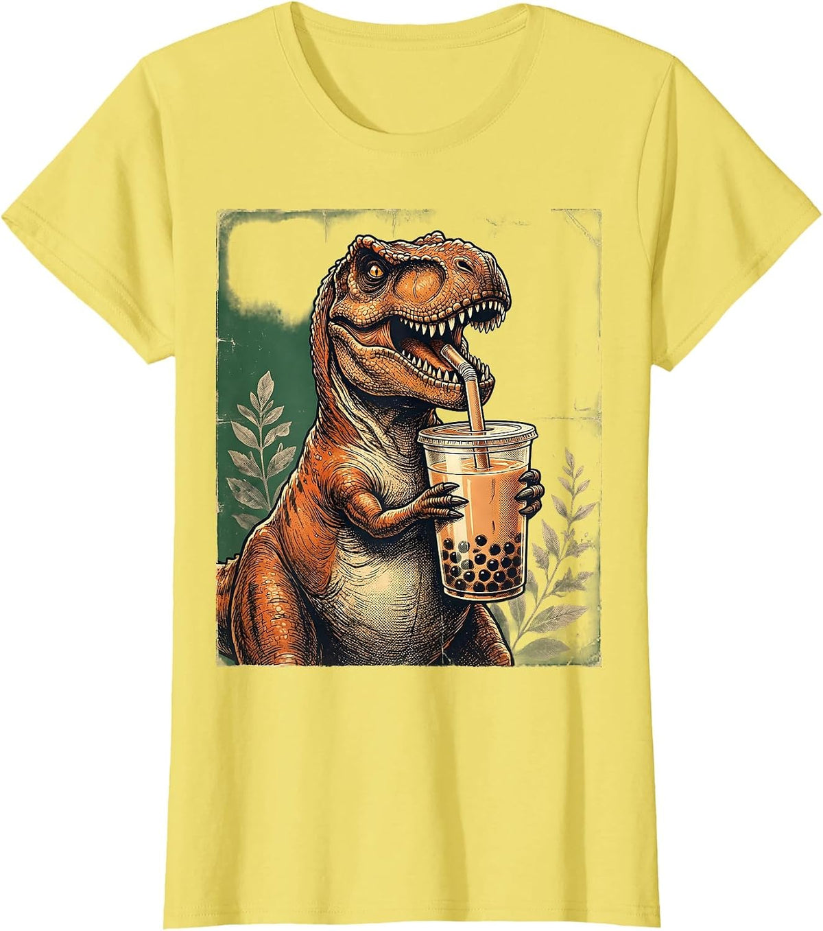 Dinosaur Boba Tea Lover Cute Dino Graphic T-Shirt - Lemon Yellow