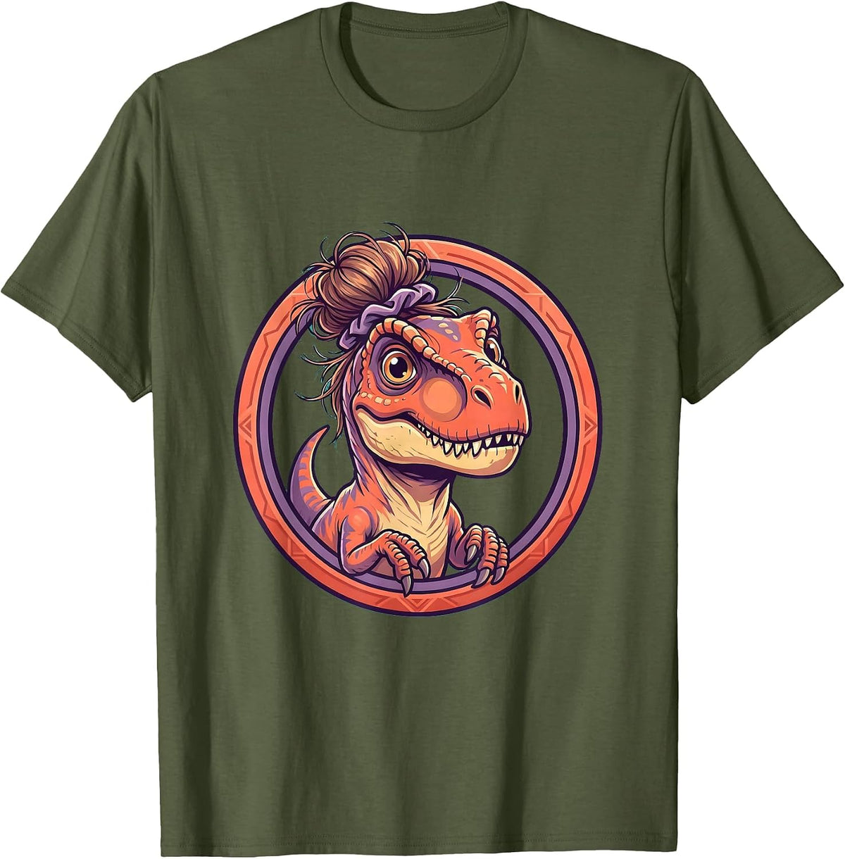 Velociraptor Messy Bun Dinosaur Graphic Tee T-Shirt - Olive Green