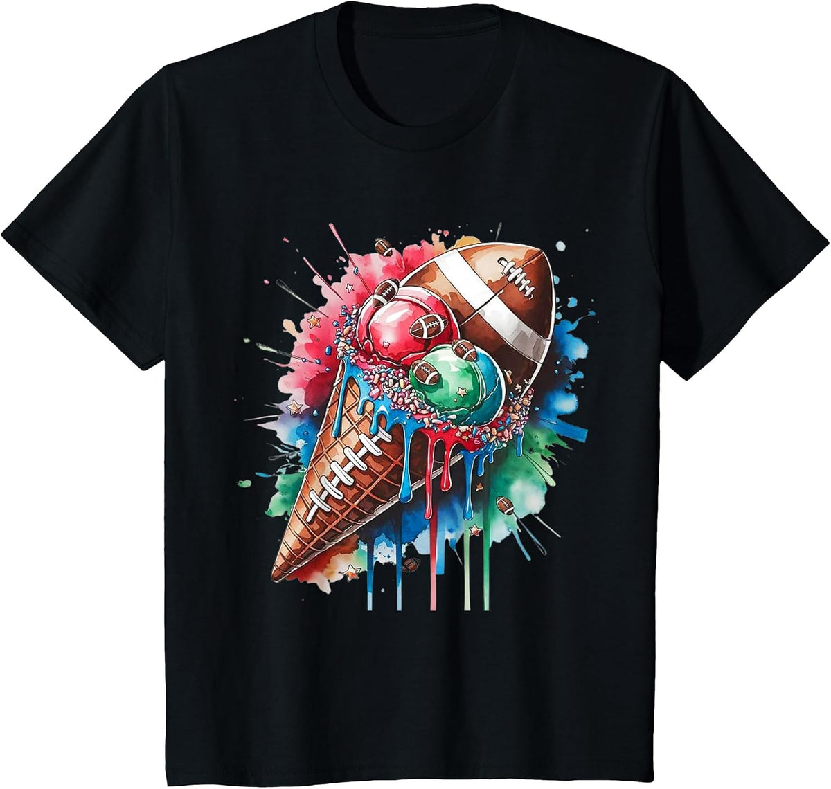 Football Drip Ice Cream Watercolor Cone with Sprinkles T-Shirt - Black