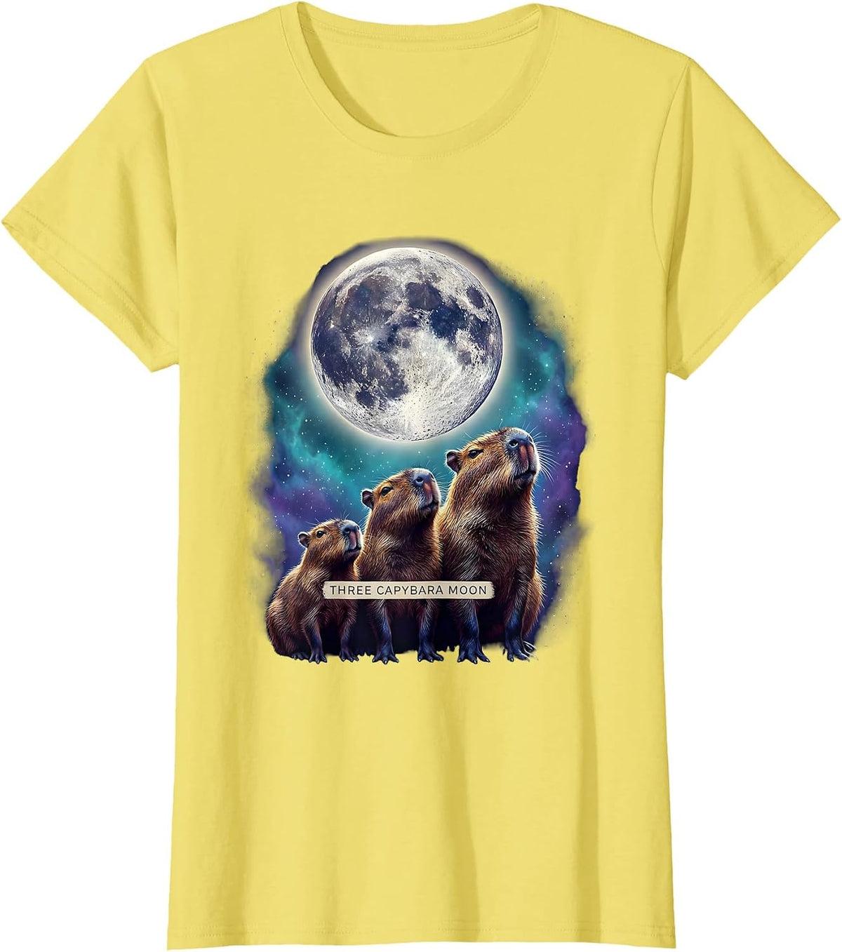 Women's Three Capybara Moon Cosmic Animal Parody Meme Humor T-Shirt - Lemon Yellow