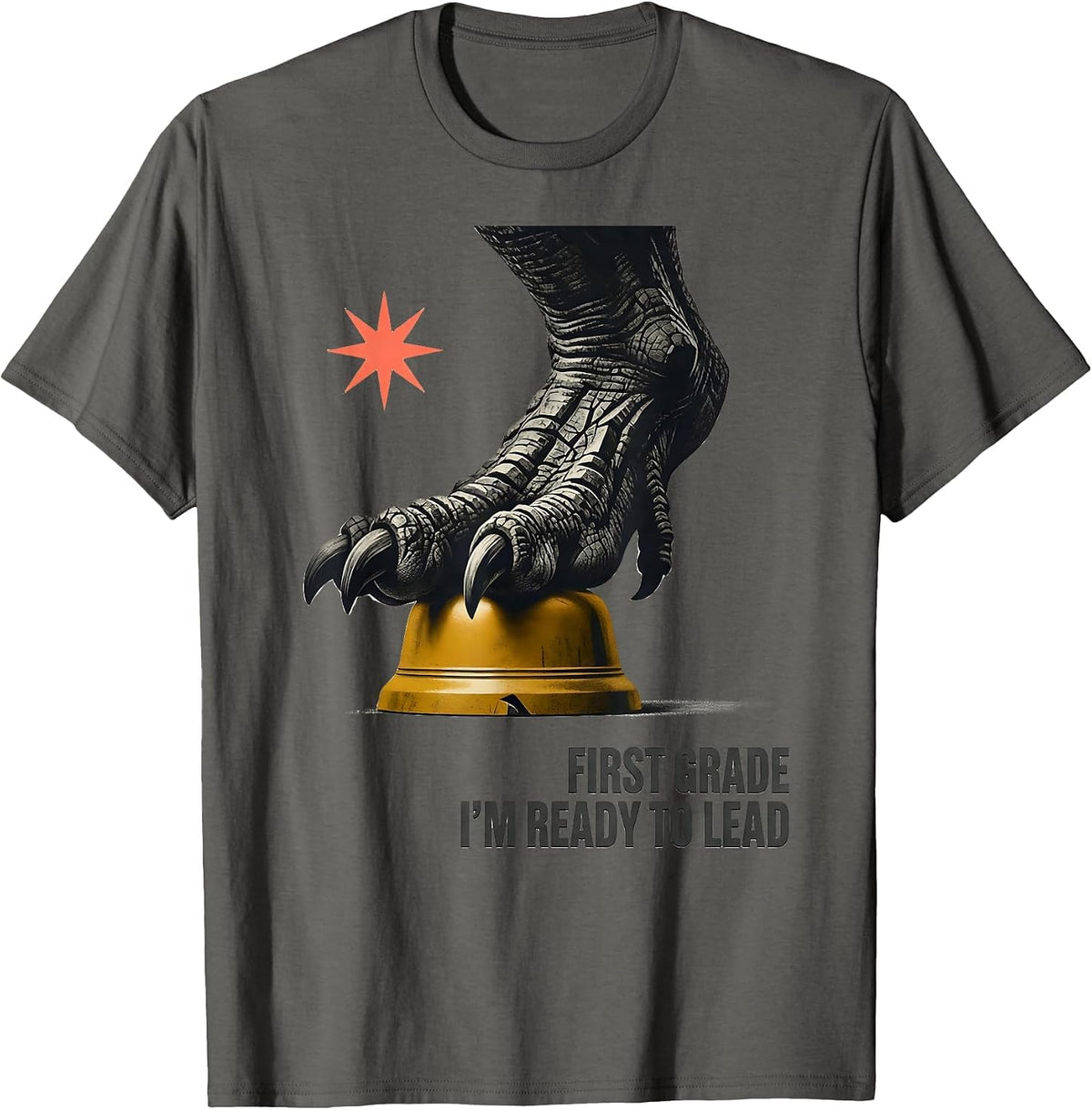 First Grade I'm Ready To Lead Playful Dinosaur Boy Back T-Shirt - Asphalt Grey