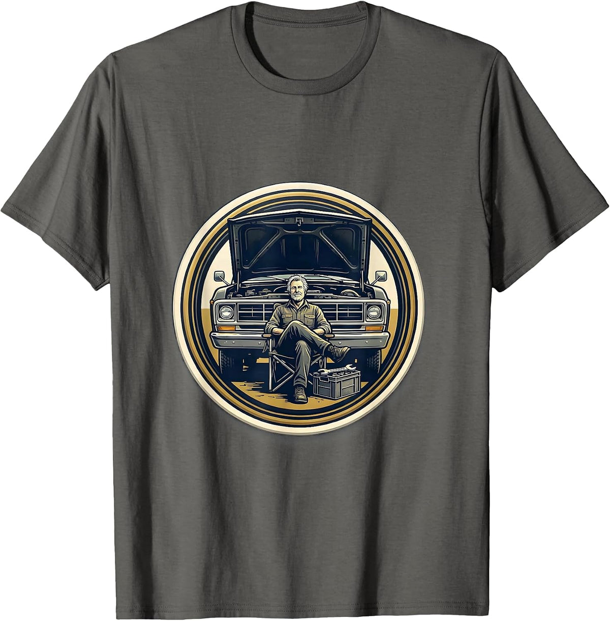 Classic Car Guy Vintage Pickup Mechanic Emblem T-Shirt - Asphalt Grey