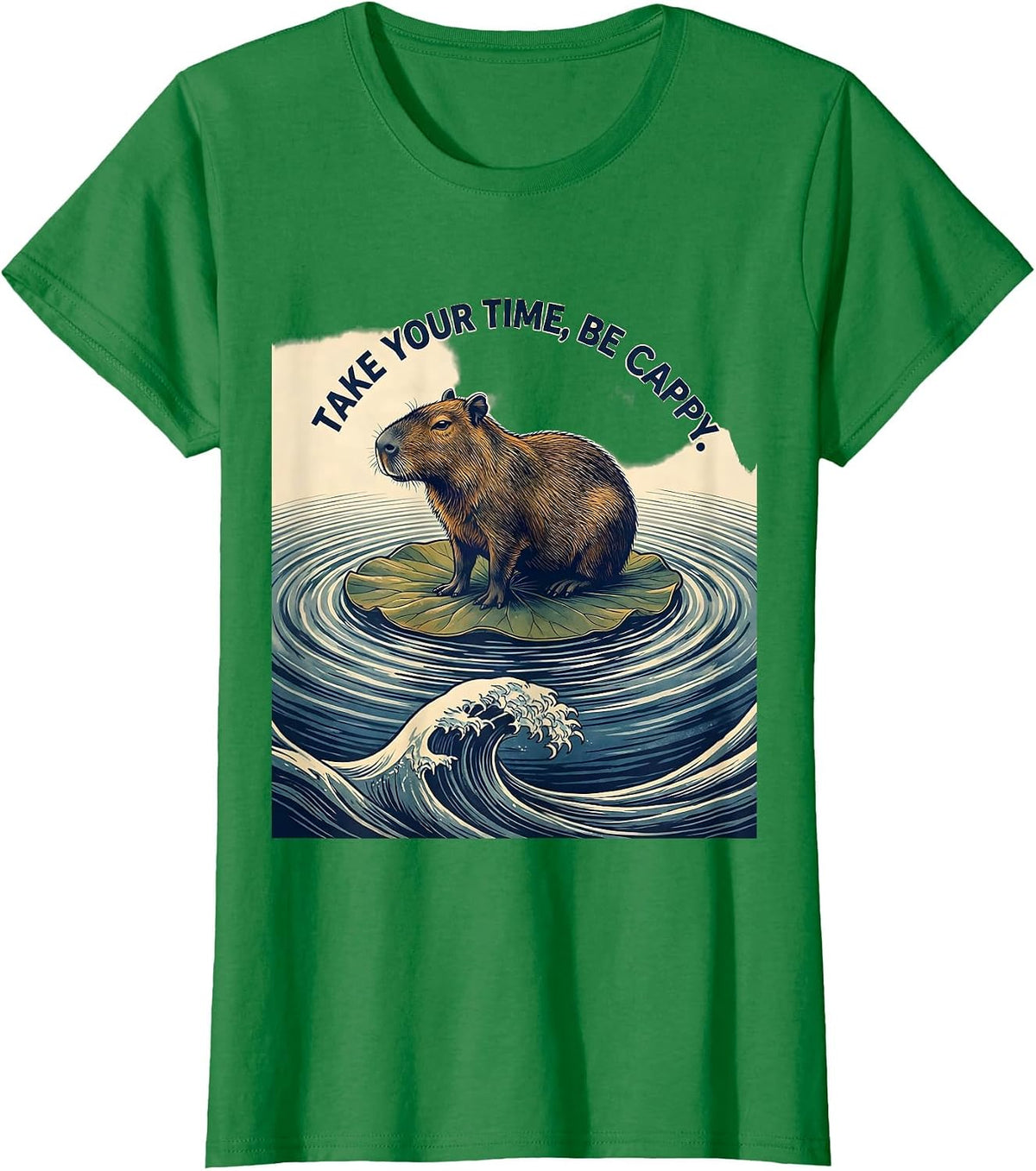 Take Your Time, Be Cappy Funny Capybara Animal Humor Ukiyo-e T-Shirt - Kelly Green