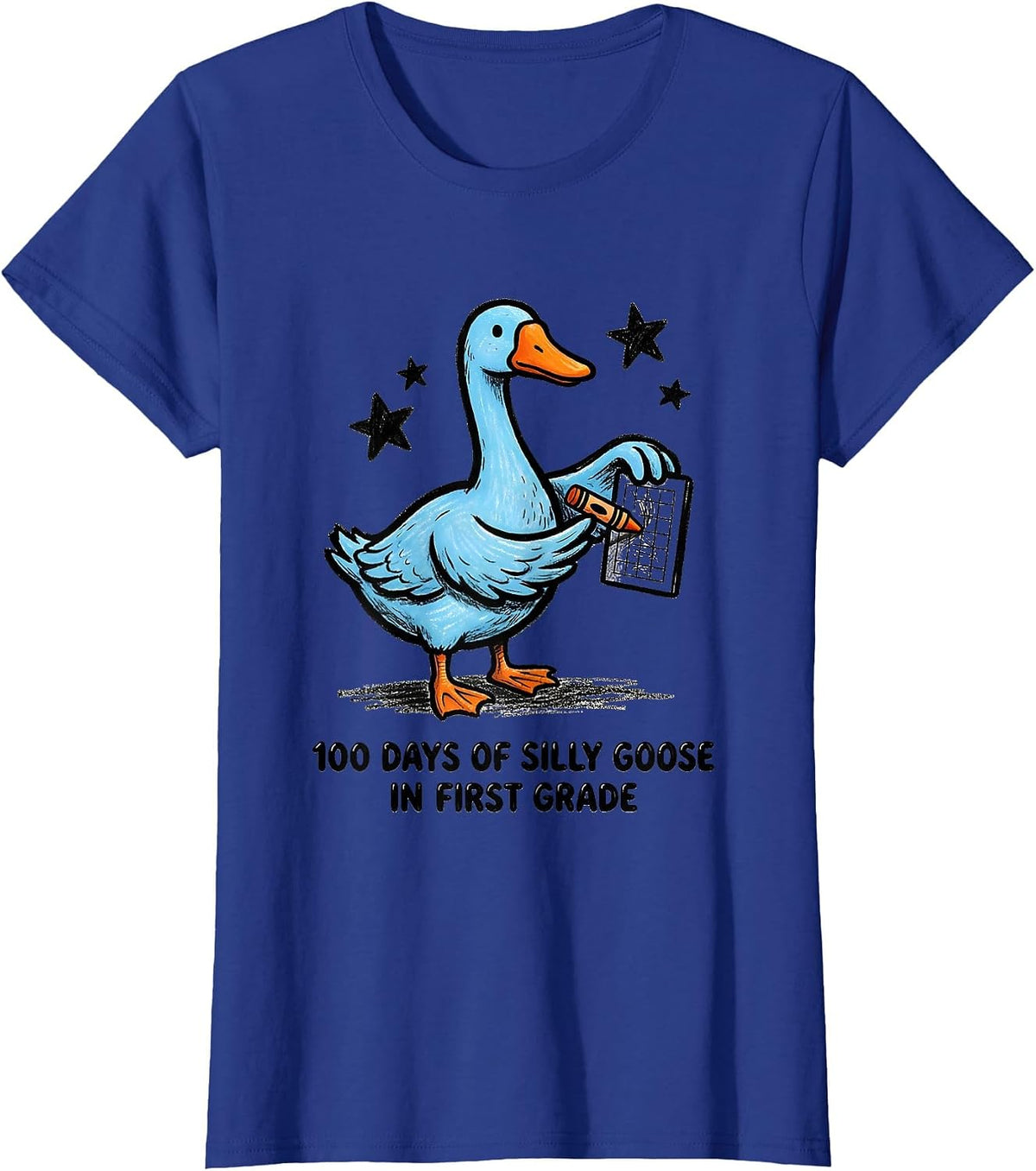 Women's 100 Days of Silly Goose in First Grade Funny Teacher Humor T-Shirt - Royal Blue
