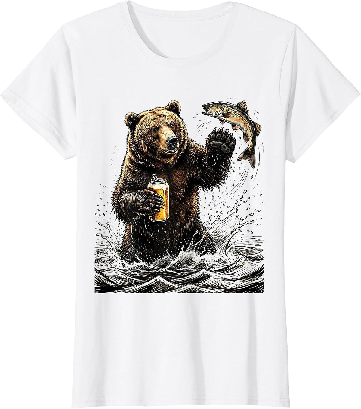 Grizzly Bear Fishing With Beer Graphic Tee T-Shirt - White