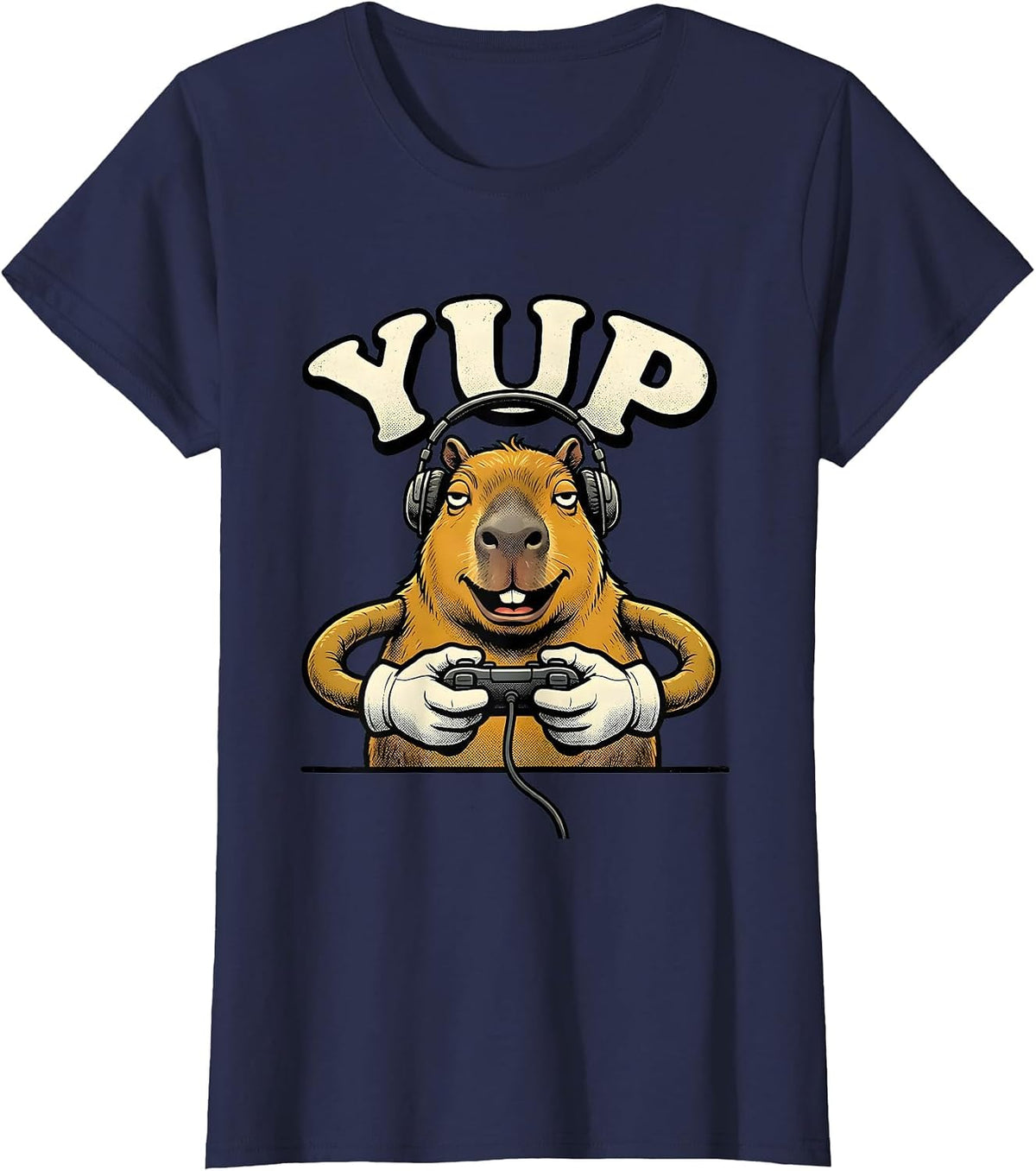 Women's Yup Retro Cartoon Capybara Gamer Meme Humor T-Shirt - Navy Blue
