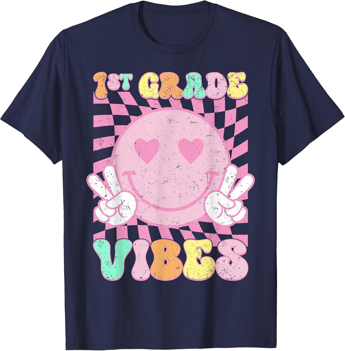 Pink 1st Grade Vibes Smile Face Back to School First Grade T-Shirt - Navy Blue