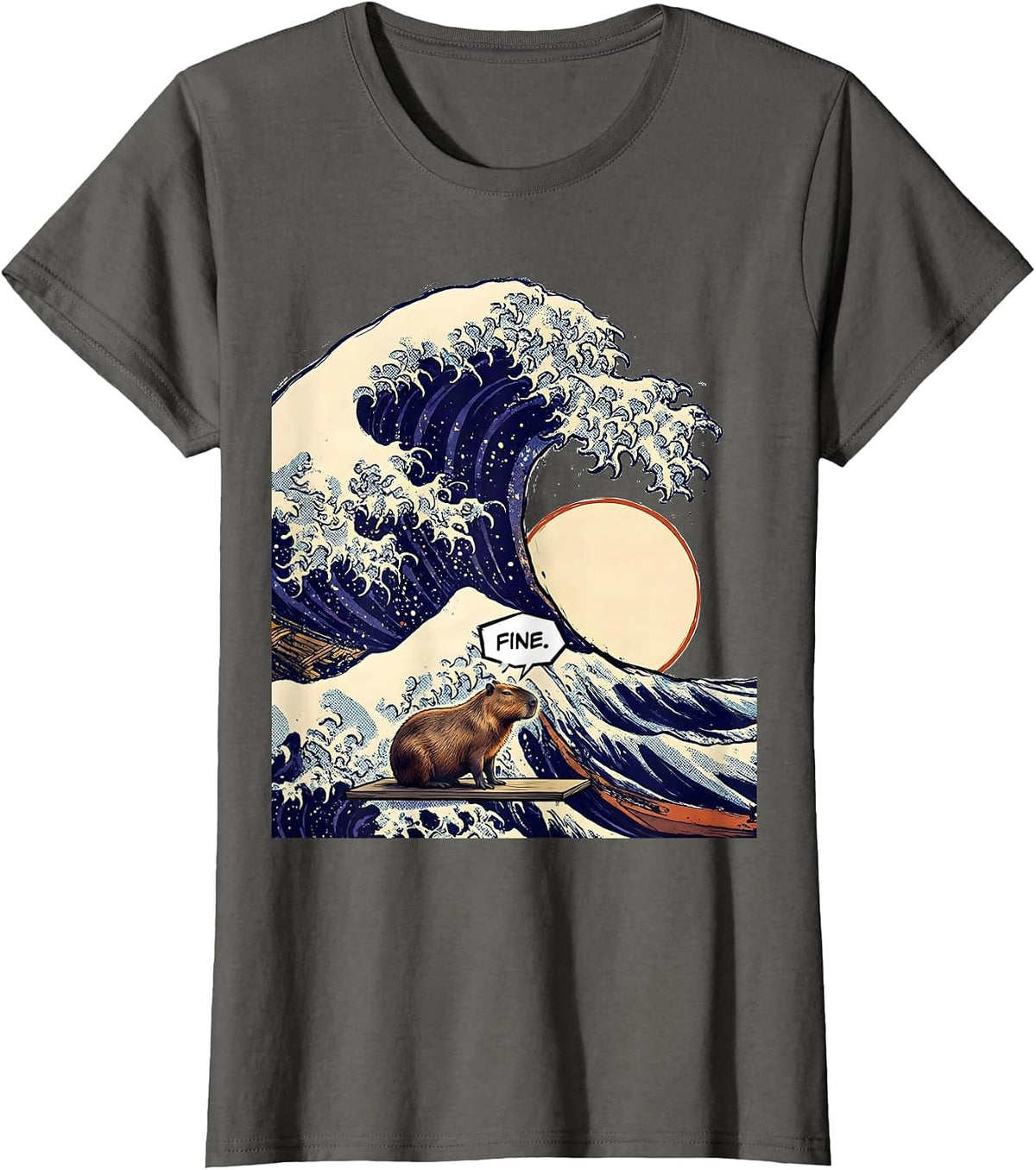 Women's Fine Comic Book Capybara Surfing Great Wave Animal Lover T-Shirt - Asphalt Grey