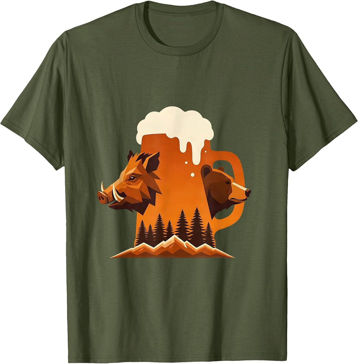 Men's Boar and Bear Sharing a Beer Stein T-Shirt - Olive Green