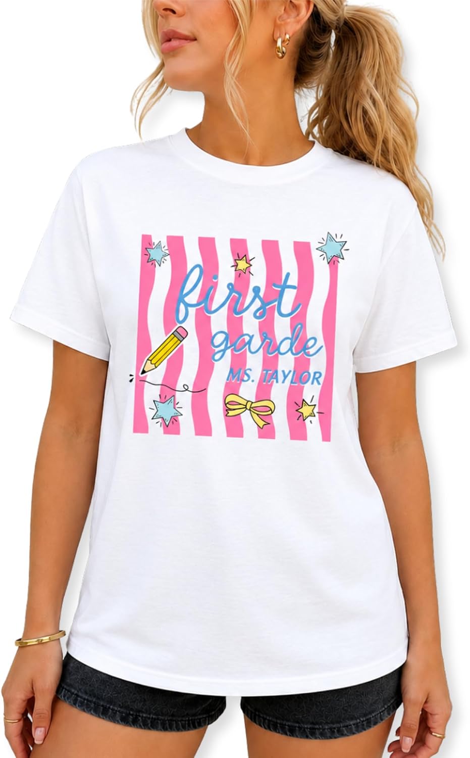 Custom Teacher Graphic T-Shirt Grade Level Name Women Gift - First Grade