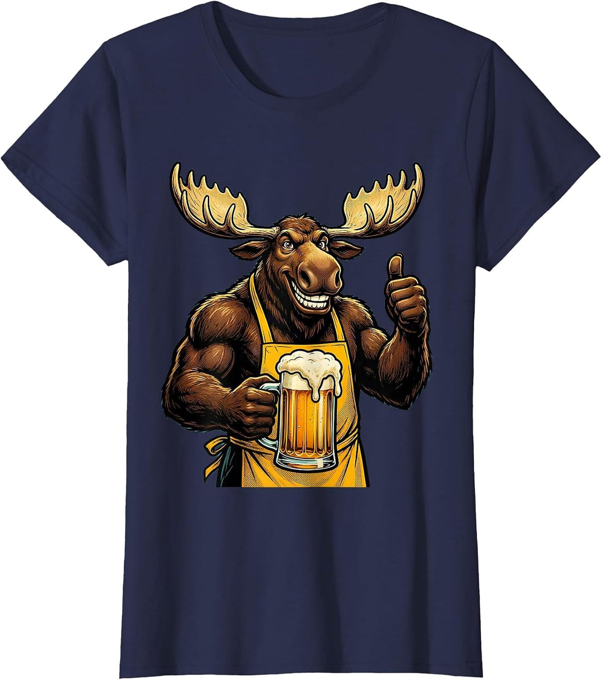 Women's Bull Moose Beer Drinking Mountain Stream Graphic T-Shirt - Navy Blue