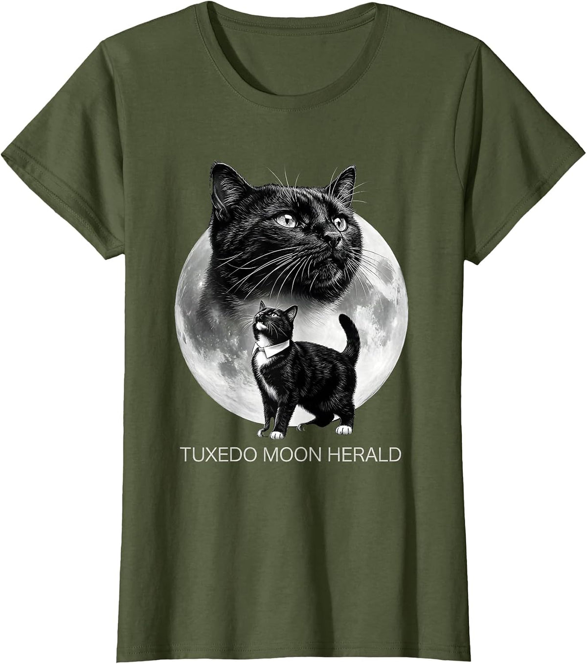 Women's Tuxedo Moon Herald Monochromatic Tuxedo Cat Lover Fantasy T-Shirt - Olive Green
