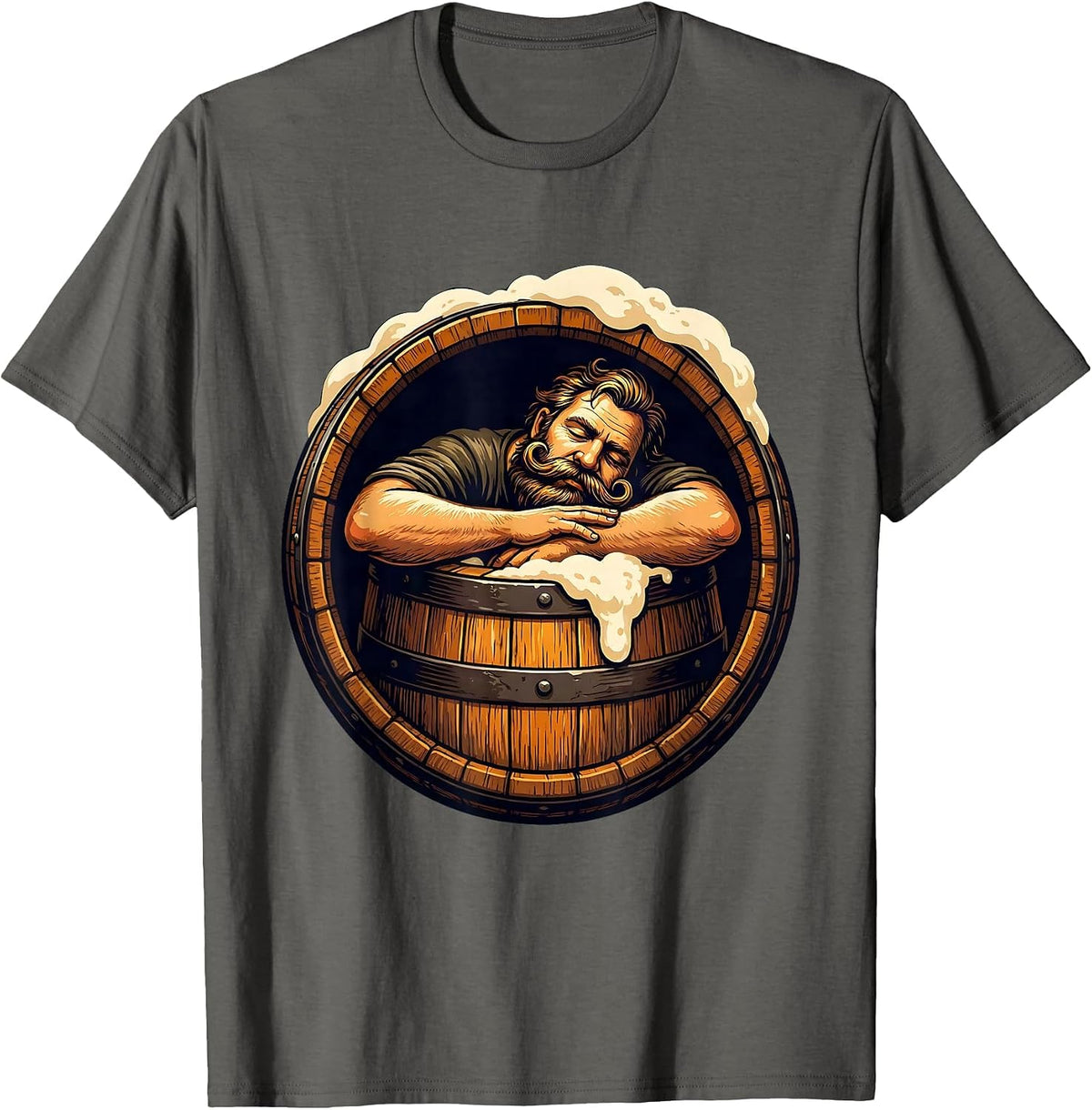 Men's Mustachioed Napping in Beer Barrel Illustration T-Shirt - Asphalt Grey