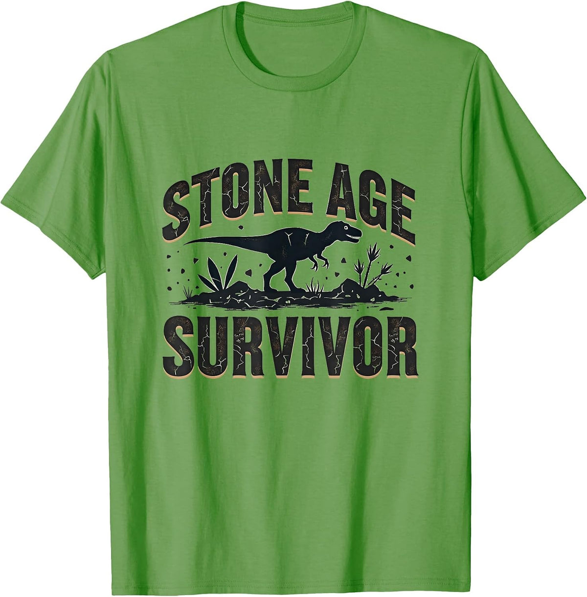 Stone Age Survivor Dinosaur Adventure Design T-Shirt - Grass Green