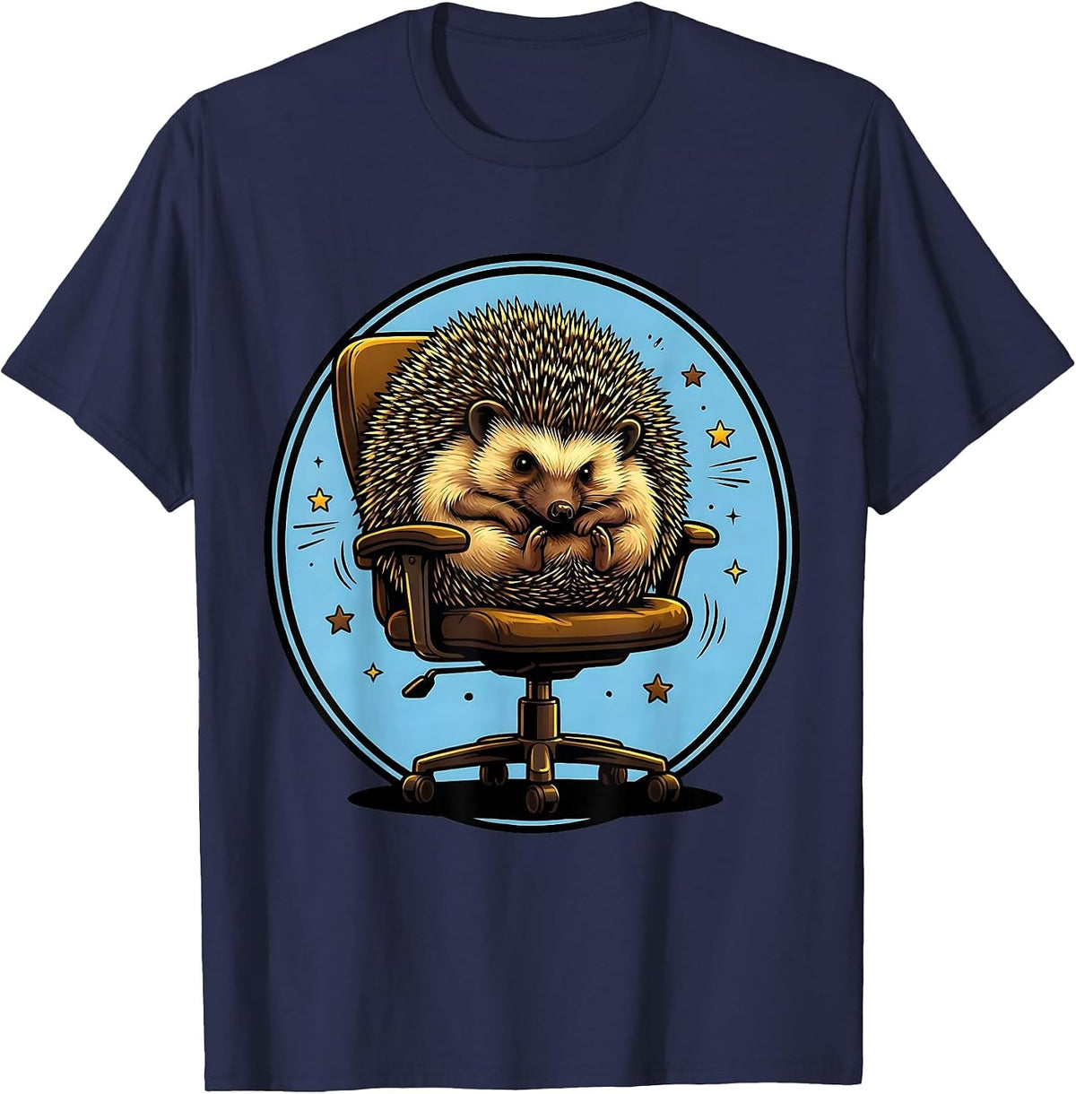 Men's Funny Hedgehog Rolled Up on Office Chair T-Shirt - Navy Blue