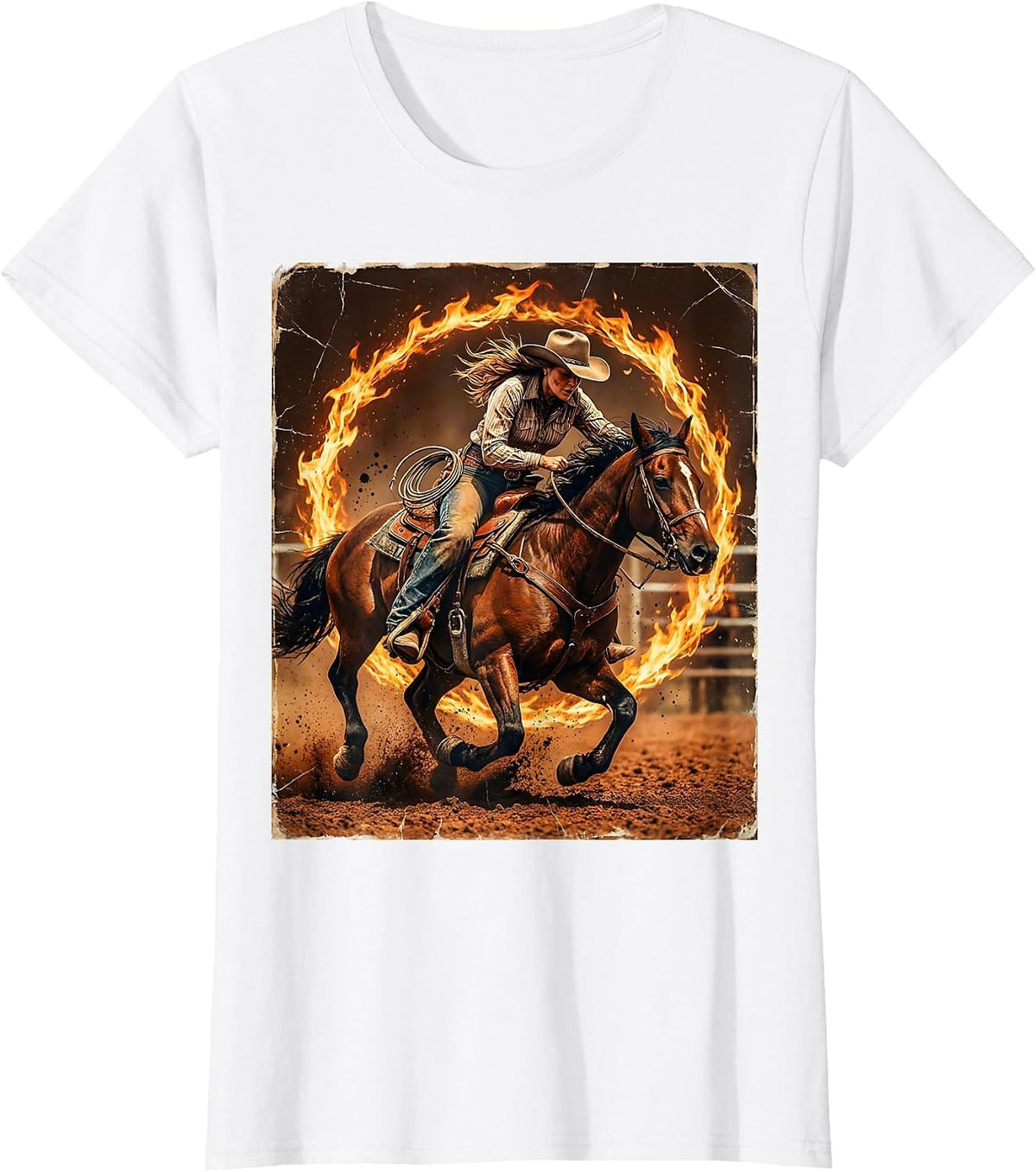 Cowgirl Barrel Racing Fire Ring Graphic T-Shirt - White