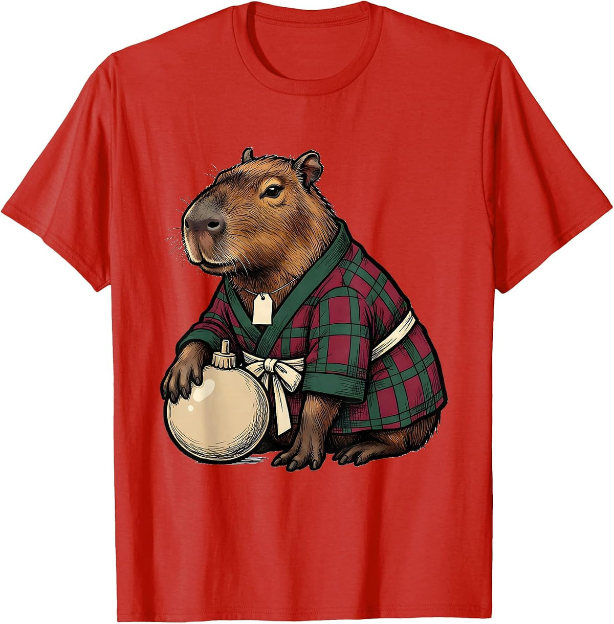 Men's Reclining Capybara Checked Robe Holiday Humor T-Shirt - Red
