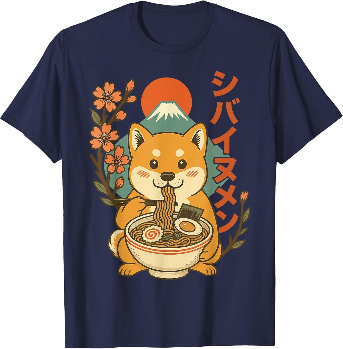 Anime Shiba Inu Eating Ramen Japanese Ramen Japan T-Shirt - Navy Blue