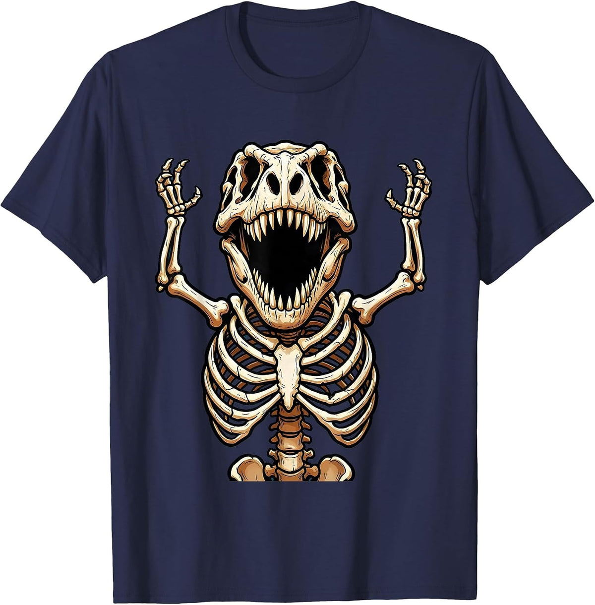 T-Rex Skeleton Mid-Roar Dinosaur Graphic T-Shirt - Navy Blue