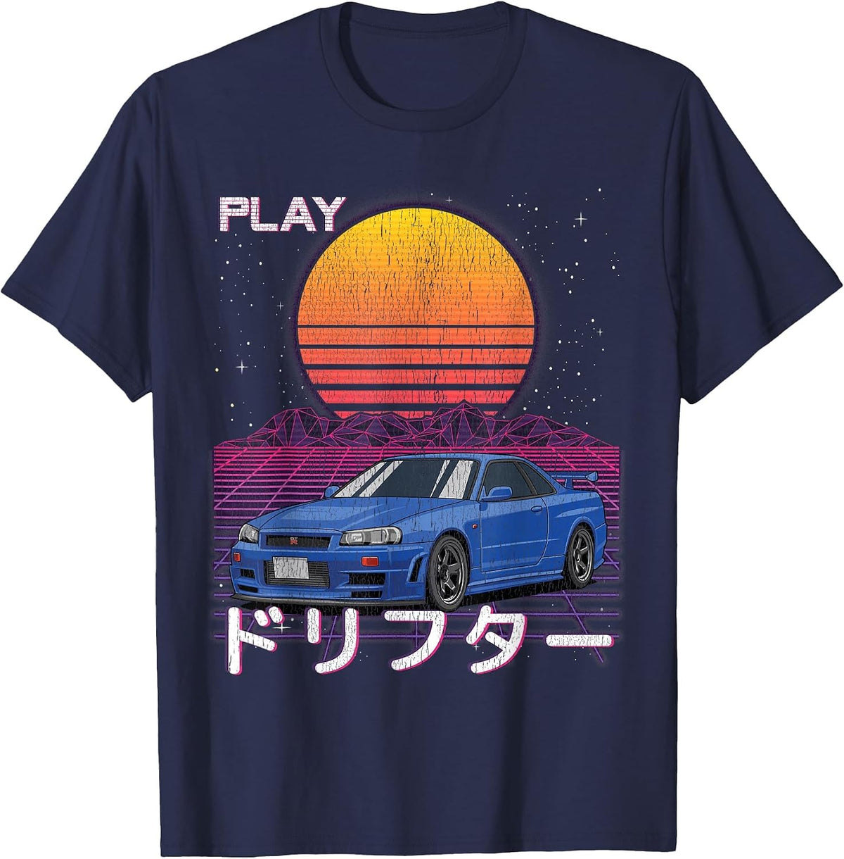 JDM Import Tuner Drift Car Street Racing Synthwave Aesthetic T-Shirt - Navy Blue