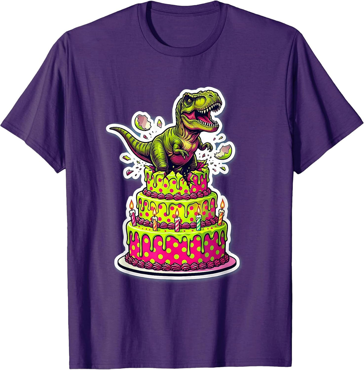 Baby Dinosaur Hatching Birthday Cake Illustration T-Shirt - Purple