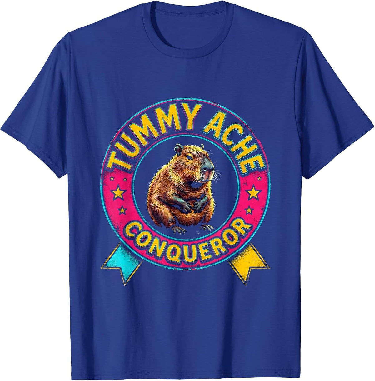 Men's Tummy Ache Conqueror Colorful Capybara Meme Humor T-Shirt - Royal Blue
