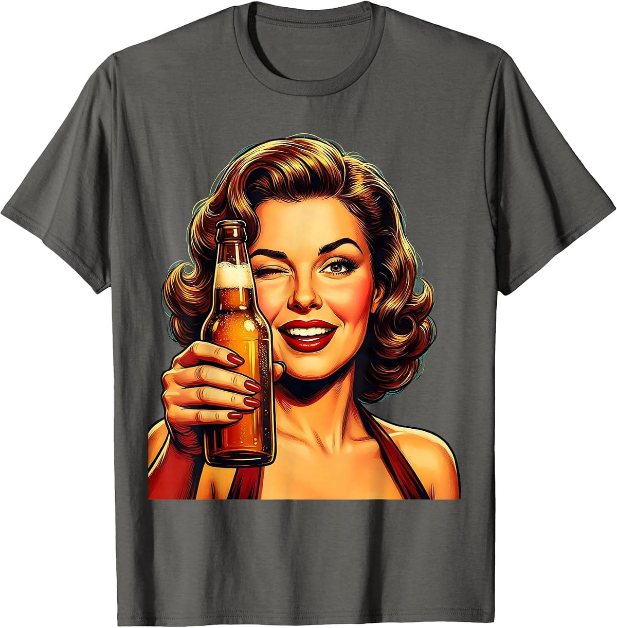 Men's Retro Winking Woman Beer Bottle Graphic T-Shirt - Asphalt Grey