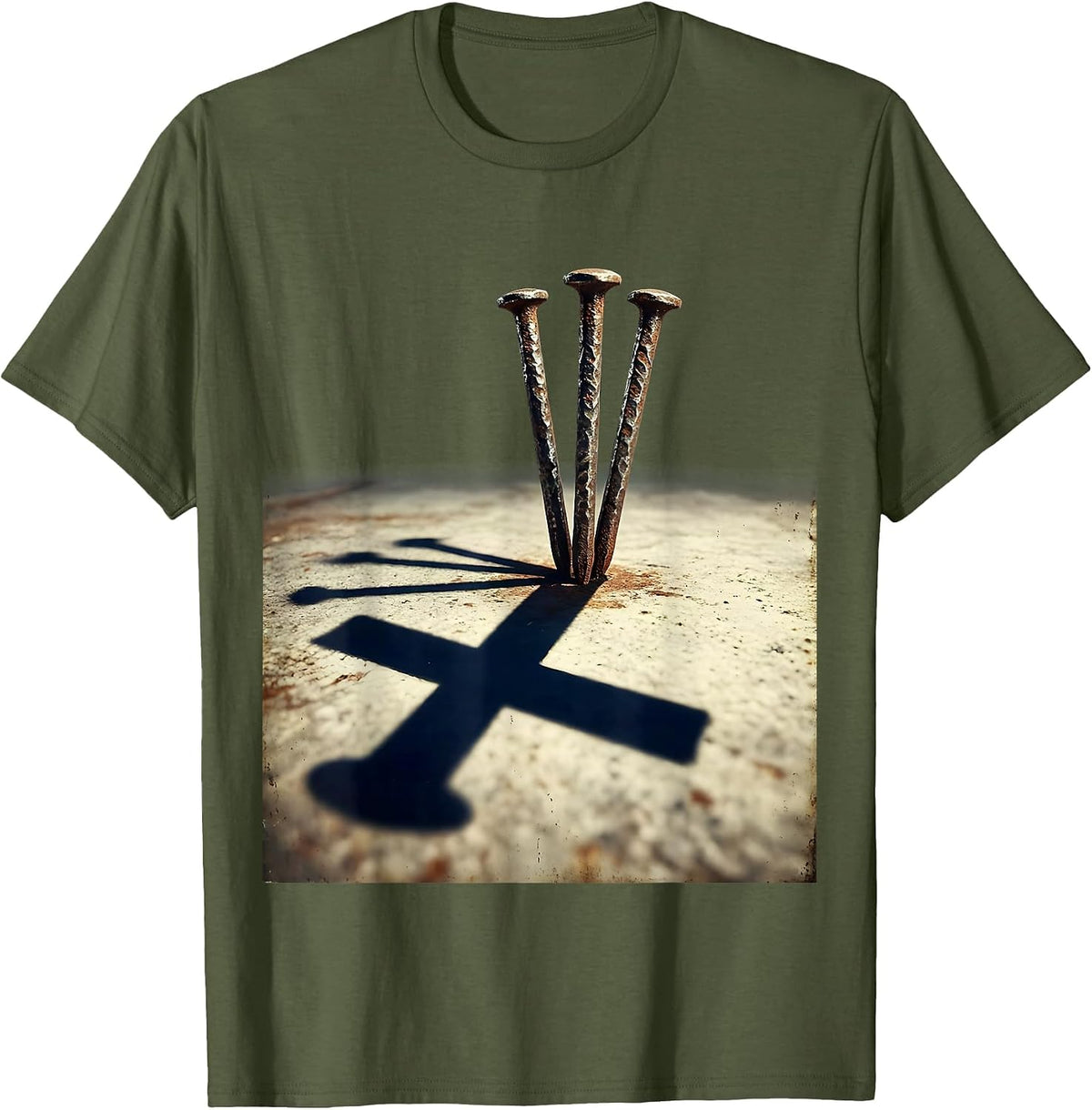Three Nails Cross Shadow Faith Graphic Design T-Shirt - Olive Green