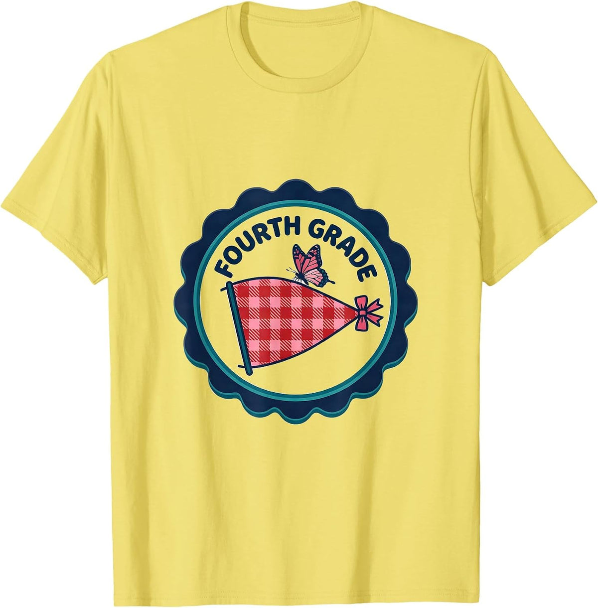 Men's Fourth Grade Gingham Pennant Back To School Teacher Girl T-Shirt - Lemon Yellow