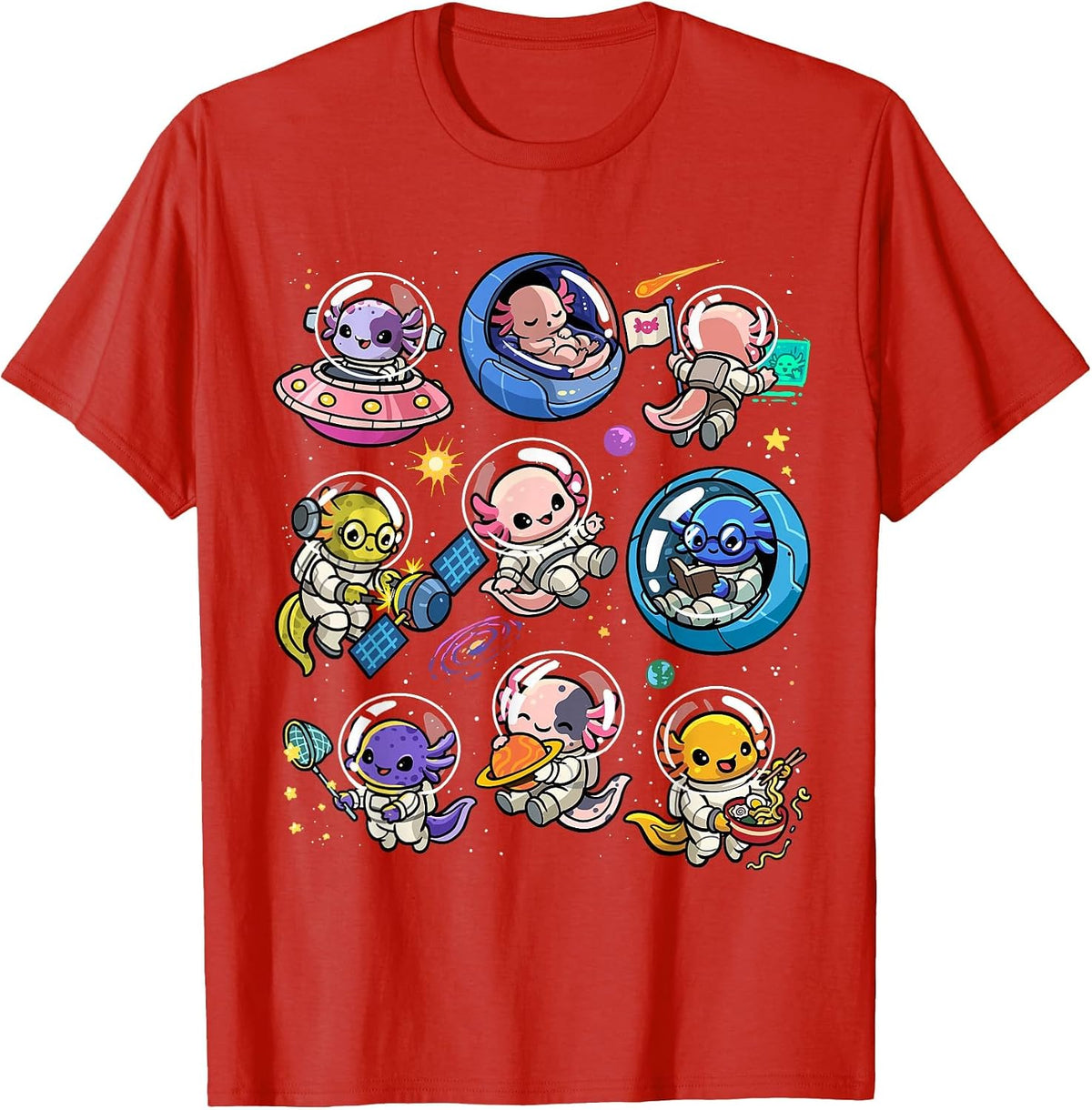 Space Axolotls Cute Galaxy Astronaut Axolotl Animal Planets T-Shirt - Red