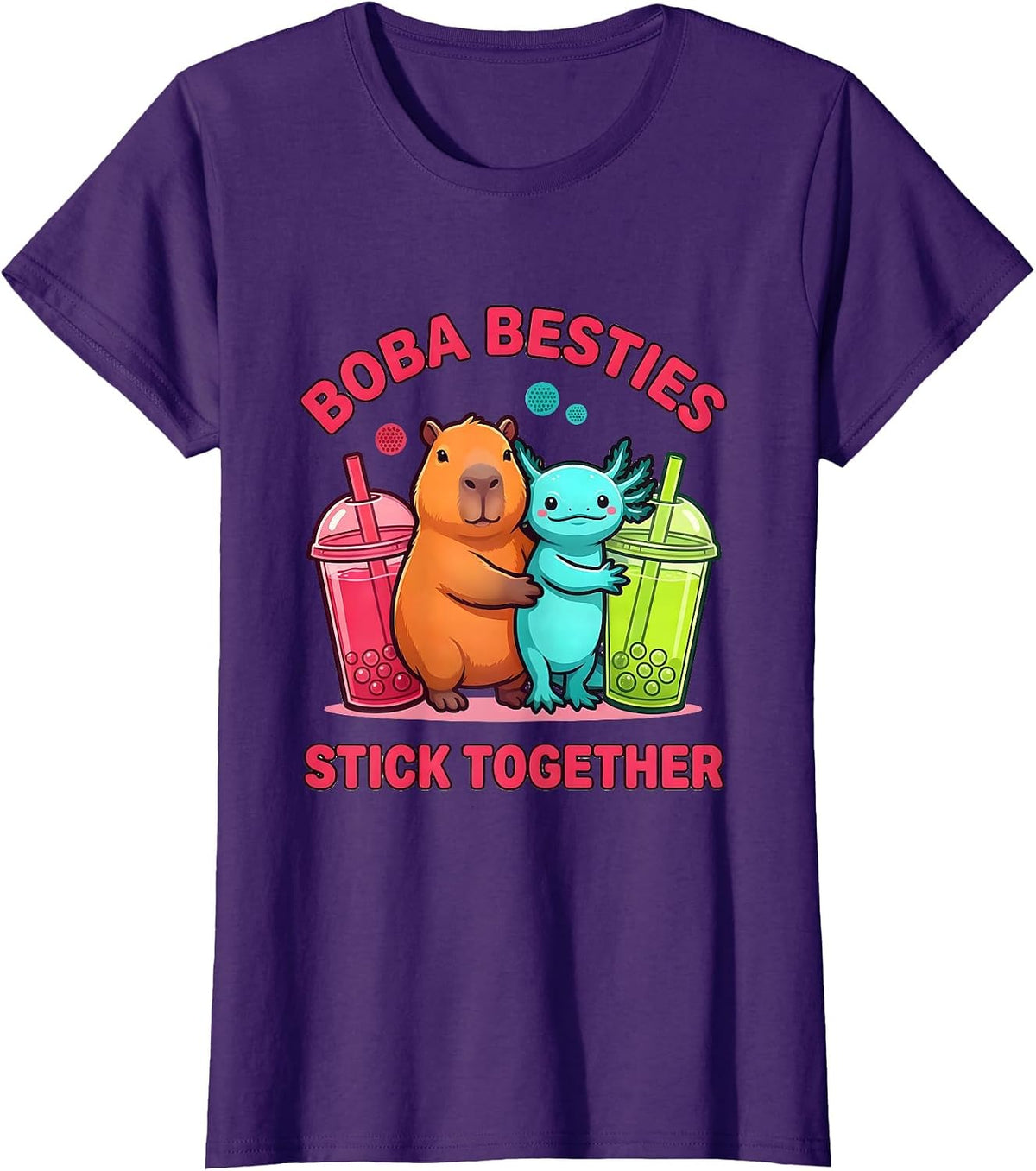 Women's Boba Besties Stick Together Cute Capybara Axolotl Kawaii T-Shirt - Purple