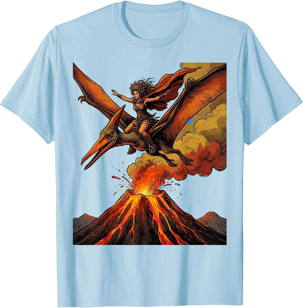 Men's Pterodactyl Soaring Above Volcano Dinosaur Tee T-Shirt - Baby Blue